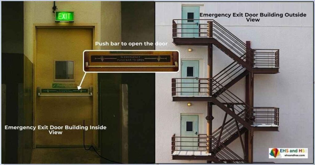 Emergency Exit Door inside and outside view.